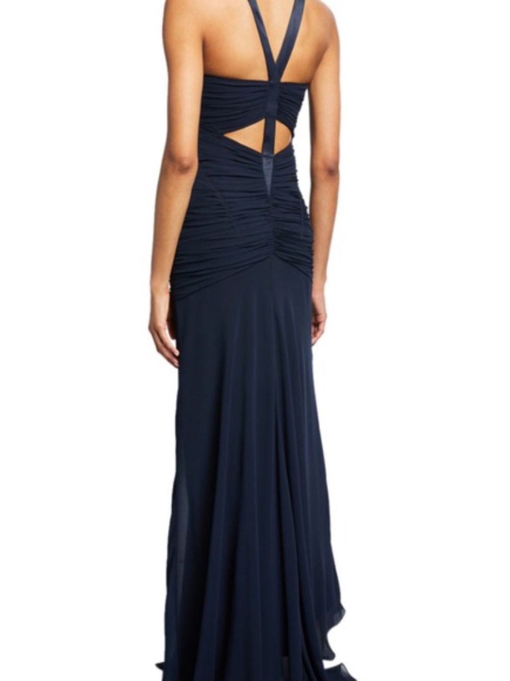 H by Halston Navy Mesh Halter Ruched Maxi Dress